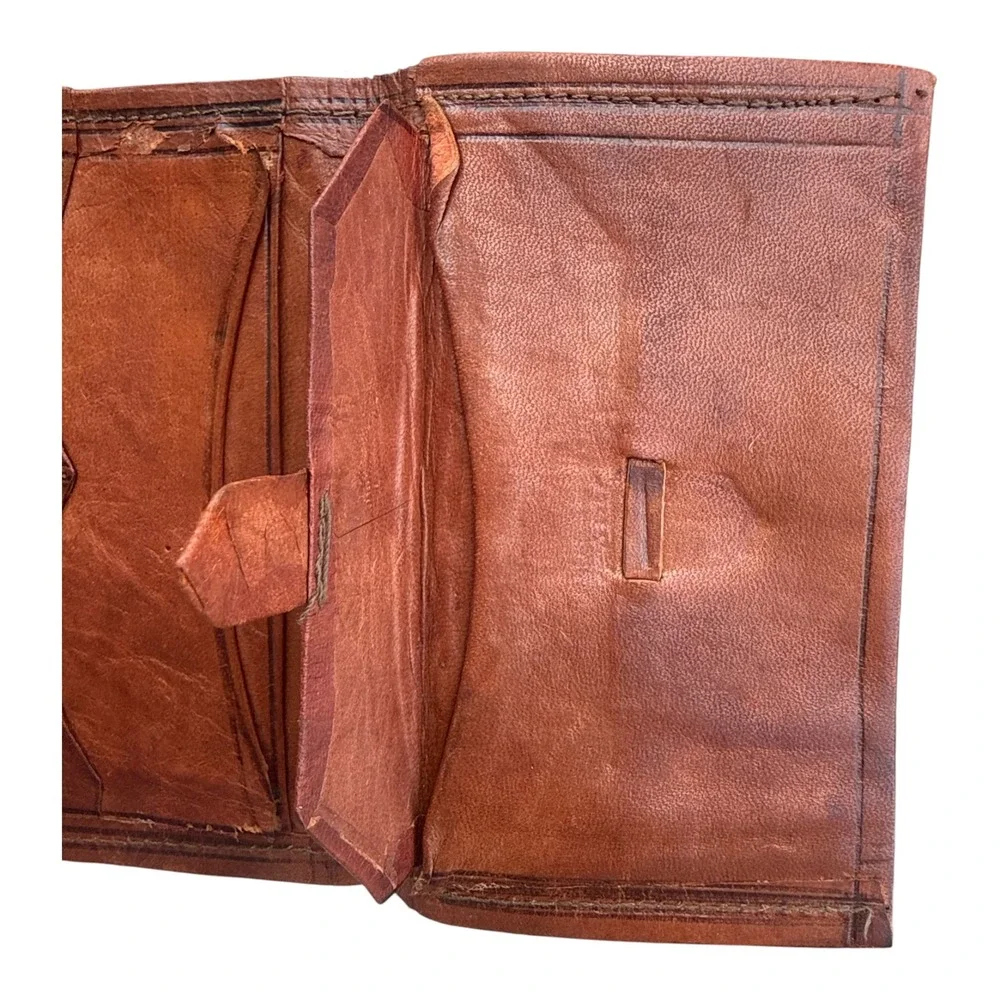 Vintage Tooled Leather Bifold Wallet Brown Boho Western Artisan Handmade